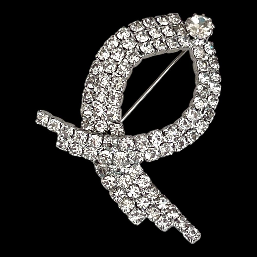 Vintage 1950s Rhinestone Ribbon Brooch Silver Tone Crystal Statement Pin - 6D